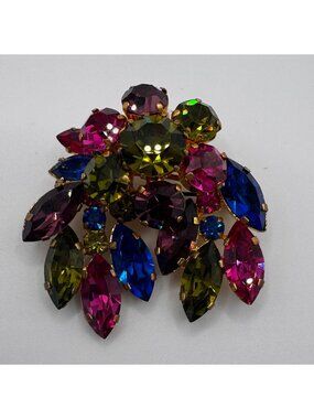 Vintage Fruit Salad Rhinestone Brooch Pink Blue Green Gold Tone - Unsigned